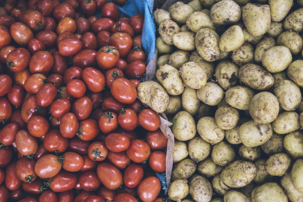 Fotografía de tomates naranjas y patatas marrones