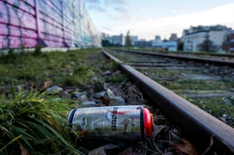 A spray paint can lies on the ground beside a railway track, surrounded by grass and gravel. The background features a long wall covered in colorful graffiti and distant city buildings.