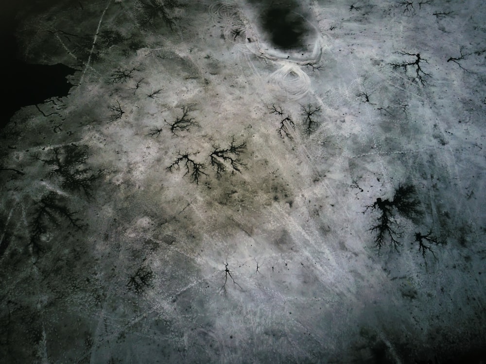 an aerial view of a snow covered area