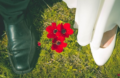 A close-up of breezy shoes surrounded by flowers.