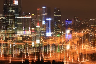 A dynamic image of a smart city with integrated technology.