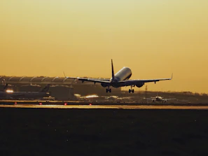A sleek cargo plane taking off at sunset, symbolizing swift international delivery.