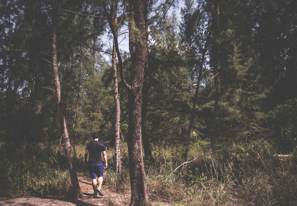 a man is running through the woods on a trail