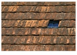 An array of weathered, rusty-colored terracotta roof tiles is visible, with one tile slightly displaced to reveal a small window beneath. The surface of the tiles exhibits patches of moss and signs of aging, creating a textured appearance.