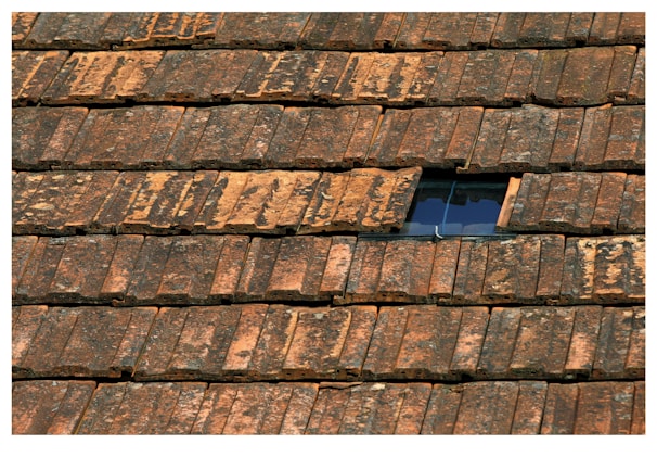 An array of weathered, rusty-colored terracotta roof tiles is visible, with one tile slightly displaced to reveal a small window beneath. The surface of the tiles exhibits patches of moss and signs of aging, creating a textured appearance.