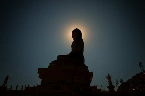 A large silhouette of a Buddha statue is visible against a bright halo of light, creating an ethereal glow around its outline. The background features a clear gradient sky with additional smaller statues and foliage visible, contributing to the serene atmosphere.