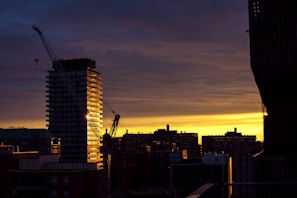 Contractors reviewing blueprints on-site with the city skyline in the background at sunset.