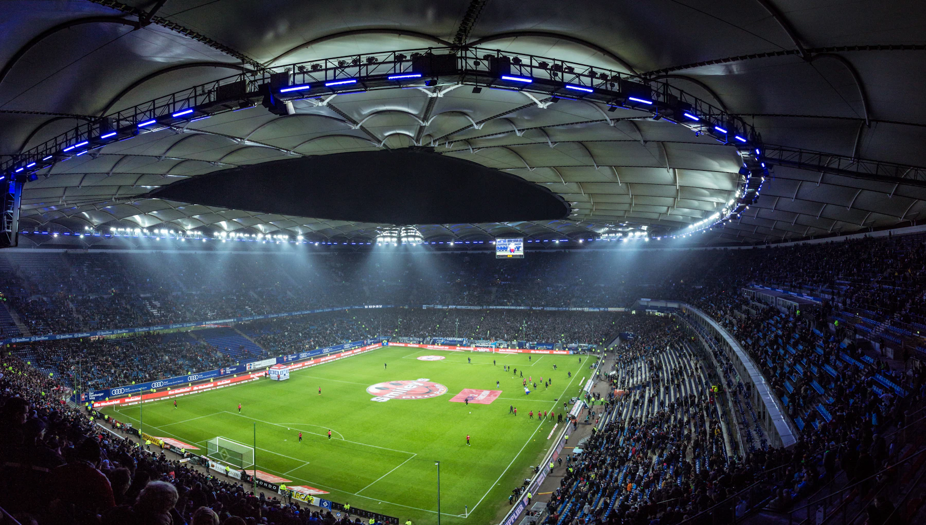 A football stadium seen from above at night