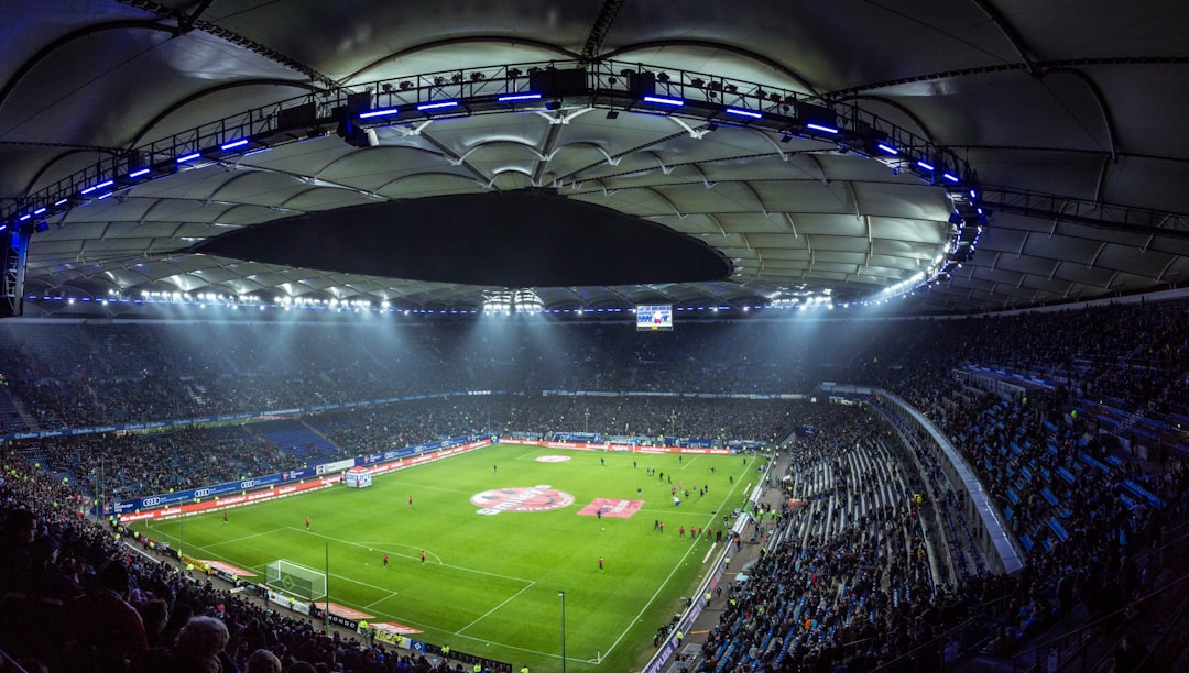 high angel photography of football stadium, Well lit soccer stadium