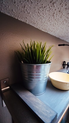A small metallic pot with green grass-like plants placed on a shelf, accompanied by a light-colored ceramic bowl. The shelf has a textured surface, and the wall above it has a speckled pattern.