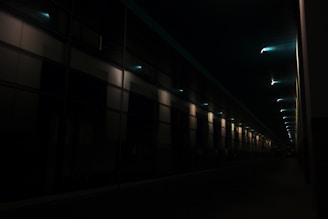 Row of contemporary LED lights shining softly along an architectural corridor.