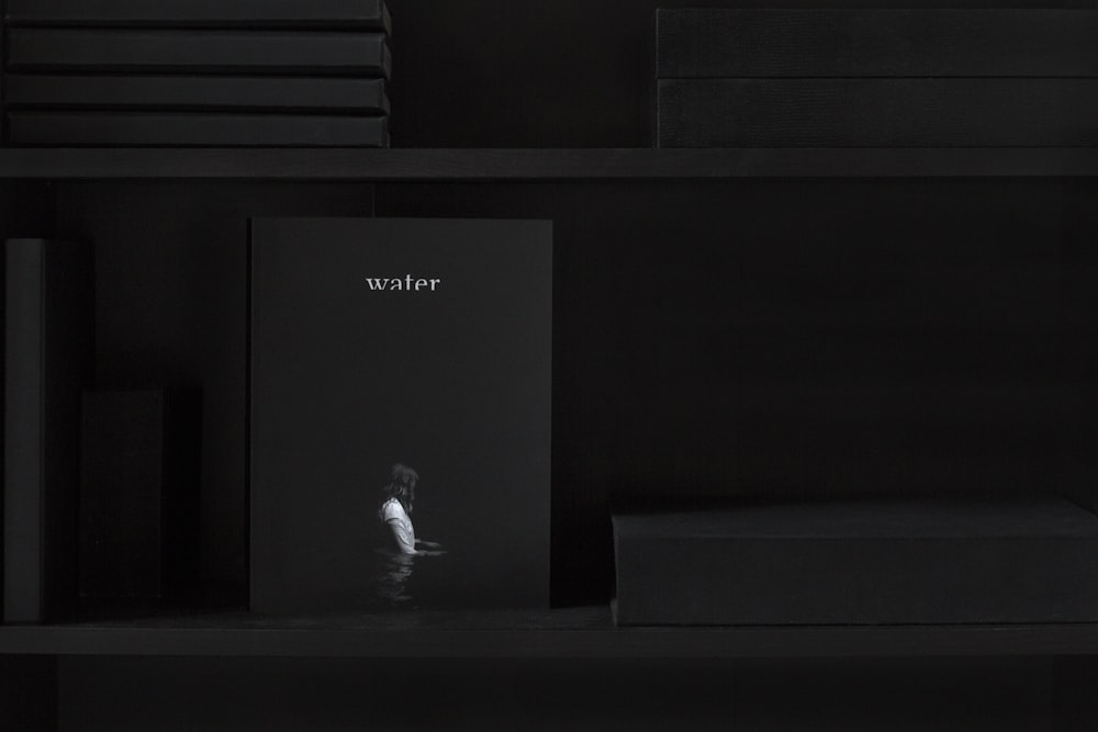 Shelf with books that is dark except for "water" magazine with a person wading on cover