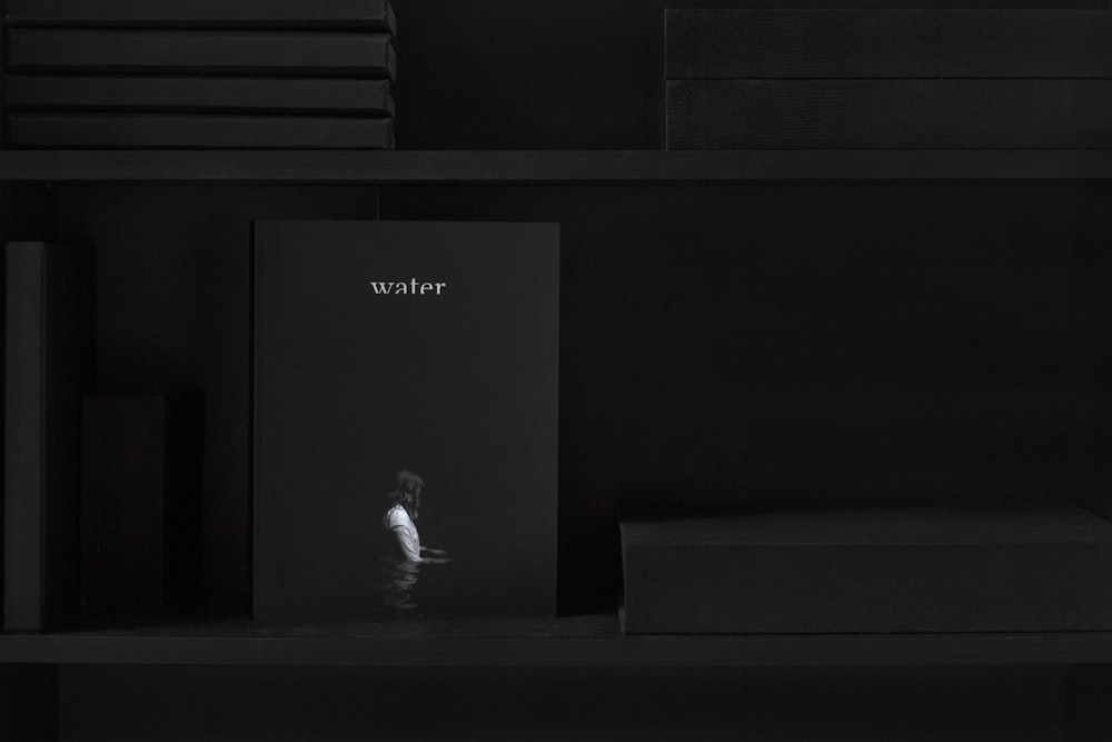 Regal mit Büchern, die dunkel sind, mit Ausnahme des "Wasser"-Magazins, in dem eine Person auf dem Cover watet