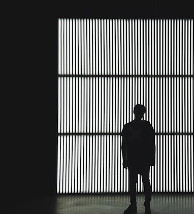 silhouette photo of a person standing near wall in dark room