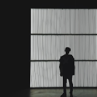 silhouette photo of a person standing near wall in dark room