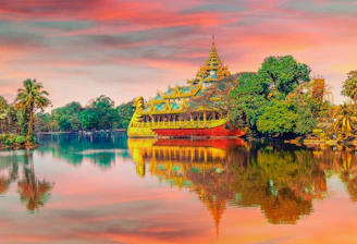 red boat near mosque painting