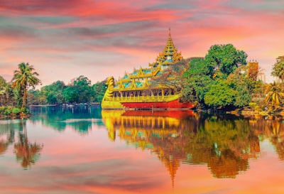 red boat near mosque painting myanmar teams background