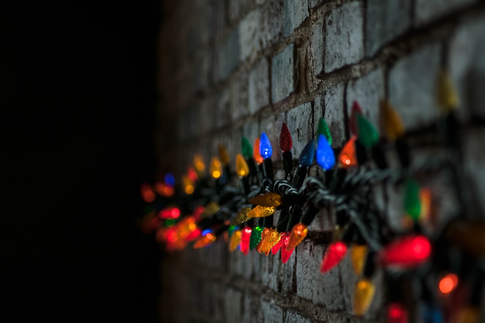 shallow focus photography of string lights at the wall