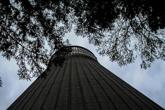 A towering industrial structure resembling a cooling tower is viewed from below, surrounded by the silhouettes of tree branches. The sky appears overcast, adding a stark contrast to the dark outlines of the leaves and the structure's surface.