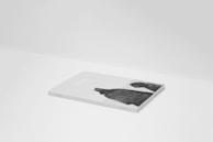 A flat, closed book or magazine with a light gray cover, placed on a white surface. The cover features black and white photographs or illustrations and some text.