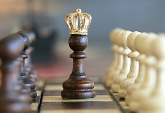 A dark chess pawn wearing a golden crown stands prominently in the center of a chessboard, flanked by rows of white and dark pawns. The chess pieces are aligned neatly, creating a symmetrical and orderly appearance.