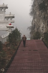 A person is walking up a long set of stairs surrounded by misty mountains and greenery. The path leads towards a traditional stone structure with intricate carvings and decorative motifs, including a red ornament. The atmosphere is serene and slightly mysterious due to the fog covering the distant background.