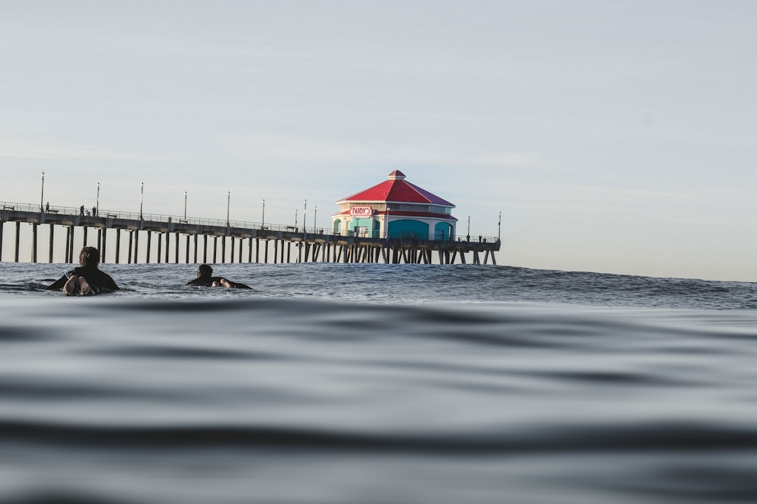 red and blue house near dock, Swimmers and the pier