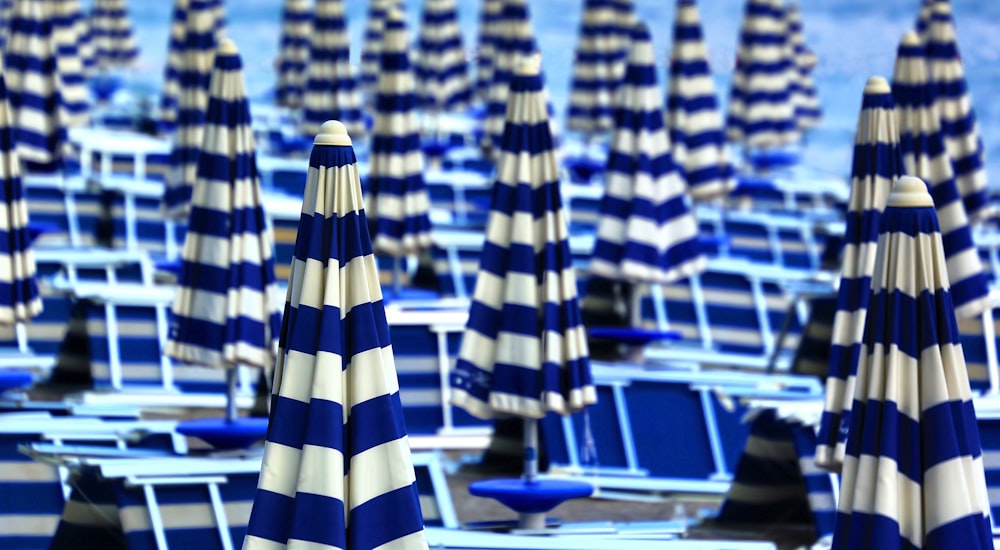 낮에는 흰색과 파란색의 안뜰 우산 주차장