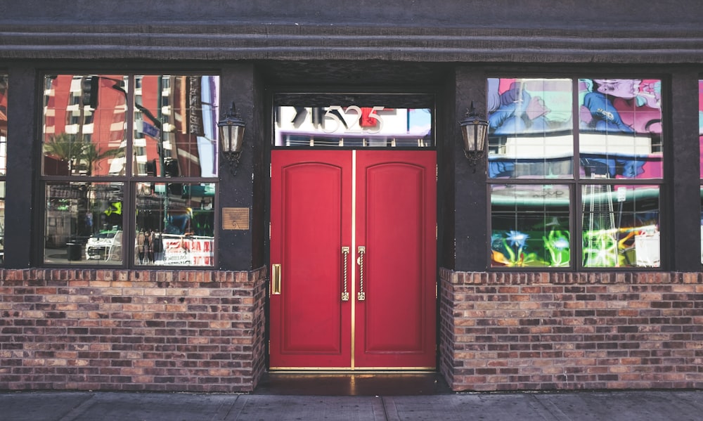 red wooden panel doors
