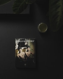 A magazine titled 'Berlin Quarterly' is placed on a dark surface. It features a cover photo of two shirtless individuals sitting closely together with neutral expressions. The top corner has foliage, and there is a glass containing a green liquid to the side.
