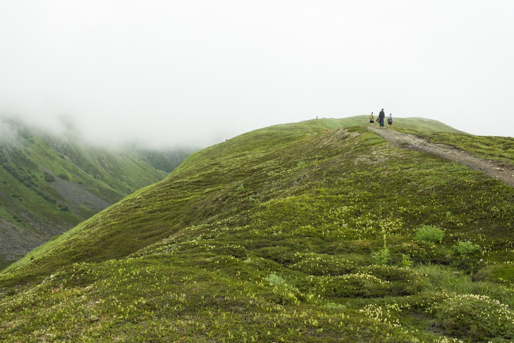 Tres personas de pie en la cima de la colina