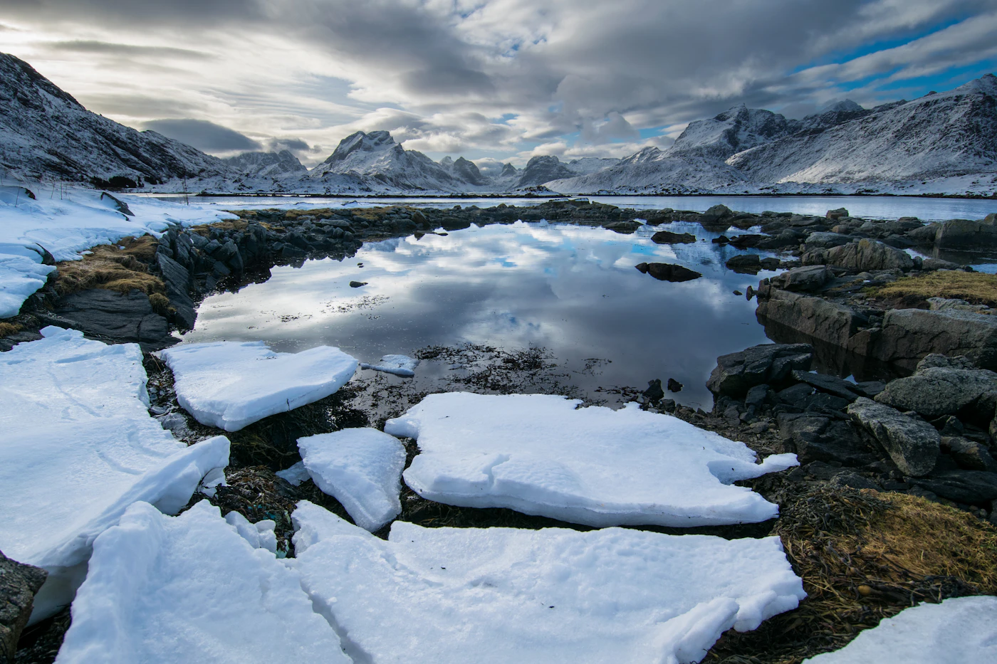 Snow mountains reflected in still water in Lofoten