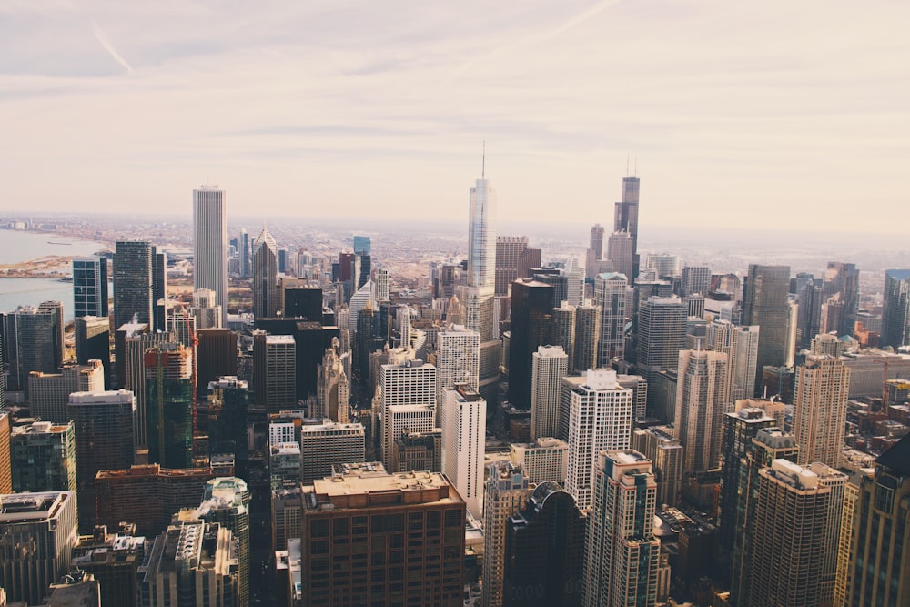 aerial view of city with skyscrapers