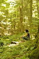 A person sits peacefully in a lush forest, surrounded by greenery and sunlight filtering through the trees. The setting feels serene and natural, with dense foliage and moss covering the ground.