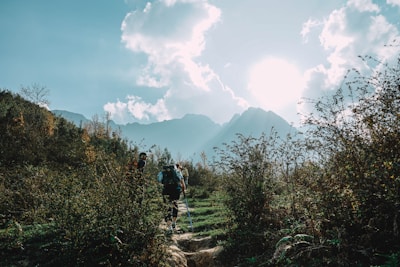 Hikers exploring the lush greenery of Montagne des Français under a bright blue sky.