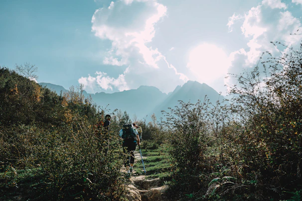 Family hiking through lush green mountains with bright sunshine overhead.