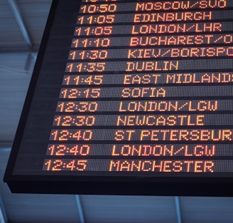 A low-angle shot of a departure board at an airport