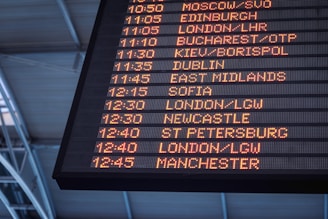 A low-angle shot of a departure board at an airport