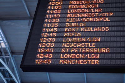 A low-angle shot of a departure board at an airport