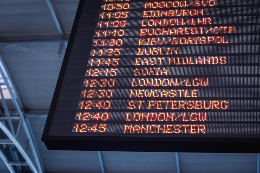 A low-angle shot of a departure board at an airport