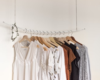 assorted clothes in wooden hangers