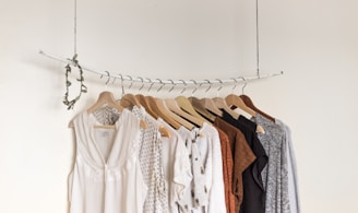 assorted clothes in wooden hangers