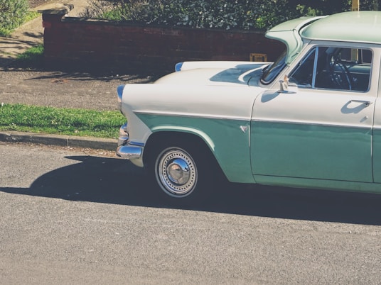 white and teal classic vehicle parking on road near brown railings beside green plants at daytime