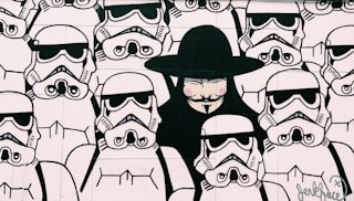 painting of Guy Fawkes and Star Wars Stormtroopers