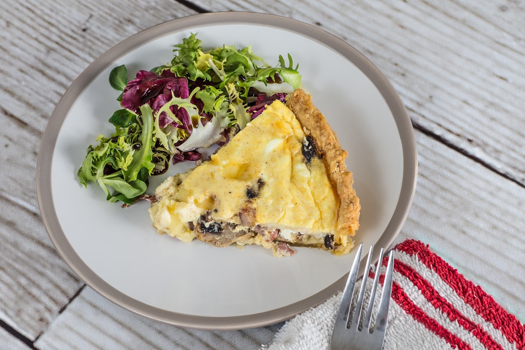 sliced pie on white ceramic plate, Quiche and Salad