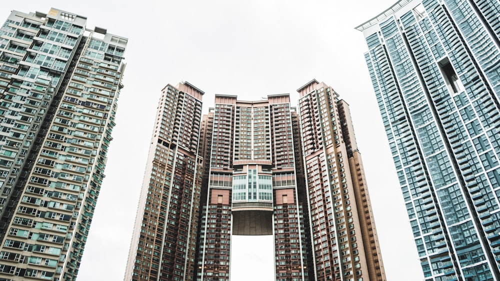 shallow focus photography of several curtain wall buildings under white sky