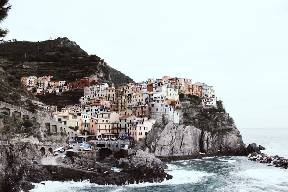 white and brown houses on cliff beside a sea at daytime