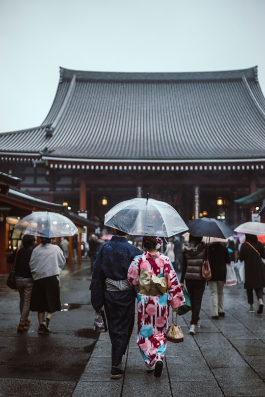 people walking on street while holding umbrellas going to pagoda in Sensō-ji Temple Japan