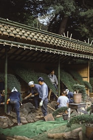 Volunteers and locals working side by side in a community garden under soft natural light.