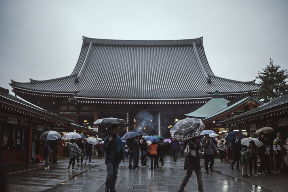 photography of people walking in front of temple